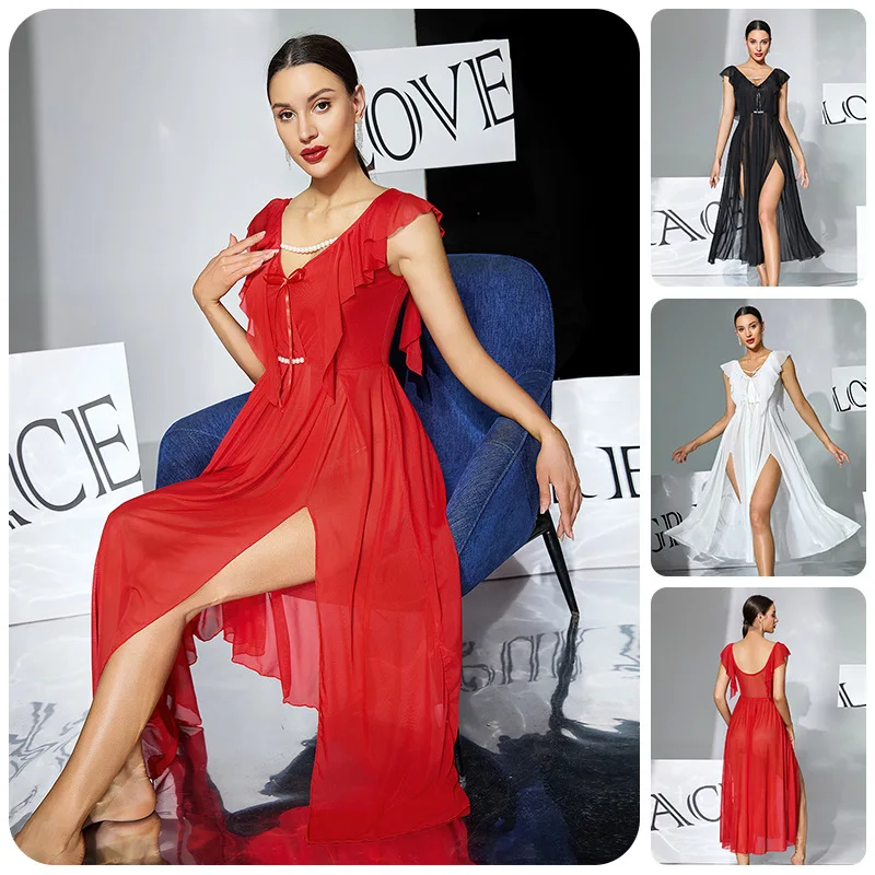 Women Sexy Mesh Nightgown V-Neck Pearl Bead Decoration High Slit Long Nightdress Ruffle Sleeve Backless Sheer Lingerie Sleepwear
