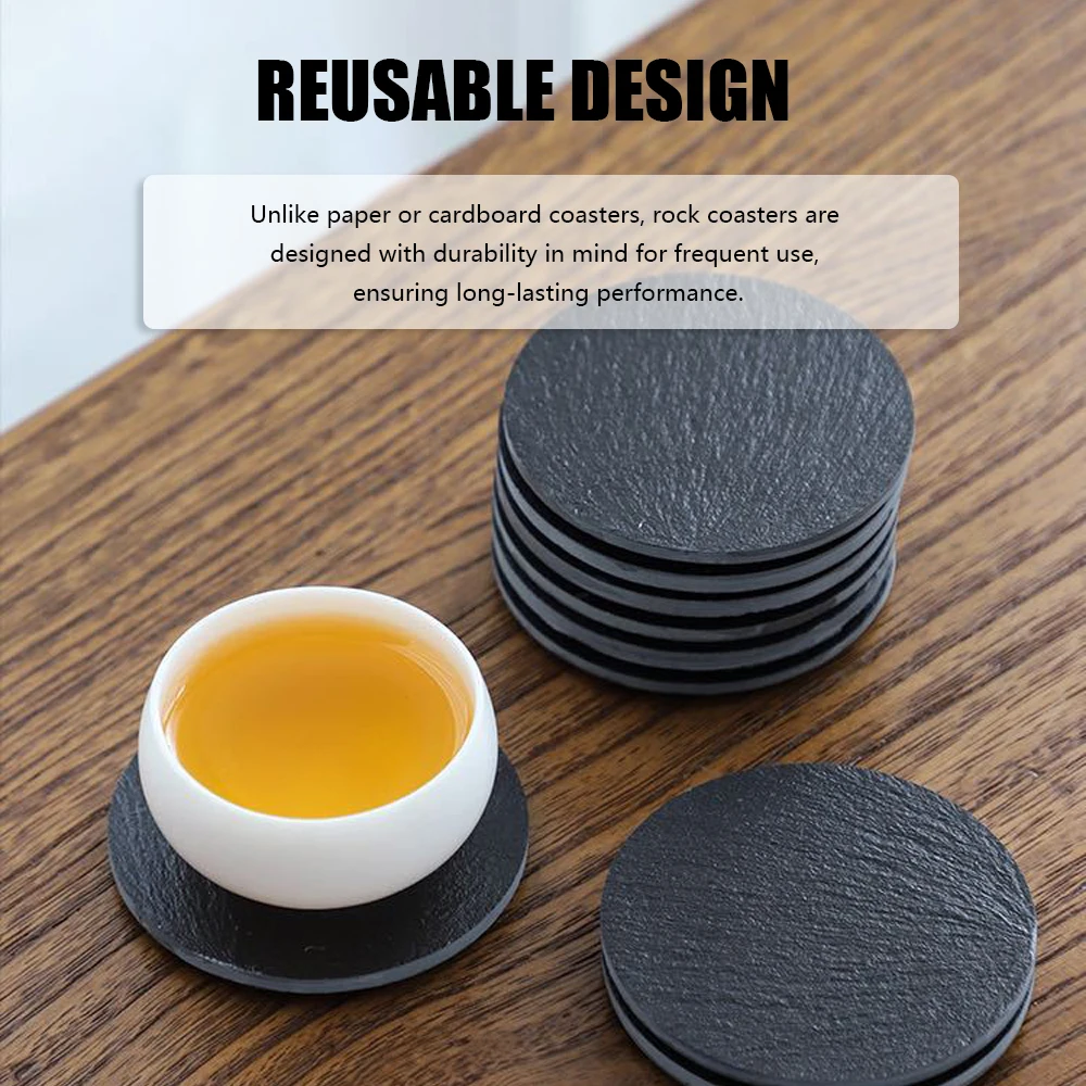 10Pcs Natural Slate Drink Coasters Round Black Stone Insulation Cup Coaster for Coffee Table, Home Kitchen, Bar