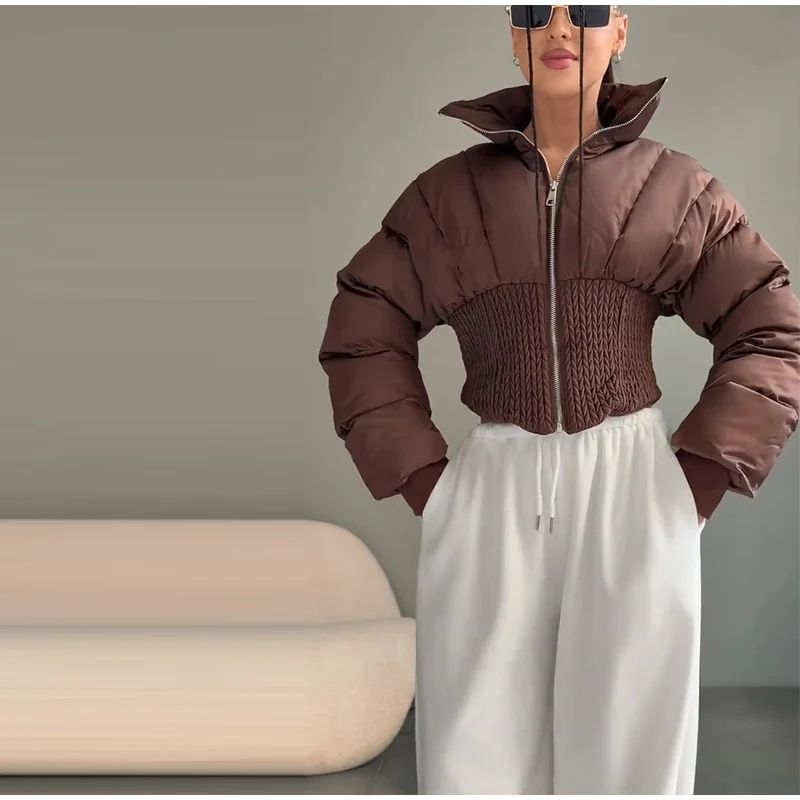 Fashion Solid Padded Coats Women's Stand Collar Full Sleeve Zipper Waist-cinching Warm Jacket 2026 Winter New Lady Outerwear