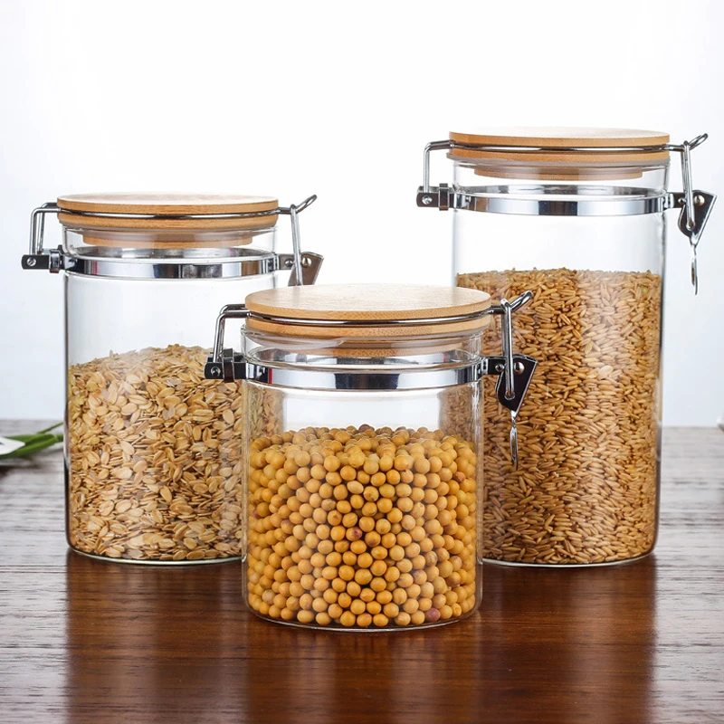 

450ML/750ML/1150ML/1300ML/2000ML Kitchen Food Storage Bottle Heat-resistant Bamboo Cover Glass Sealed Glass Clasp Sealing Tank