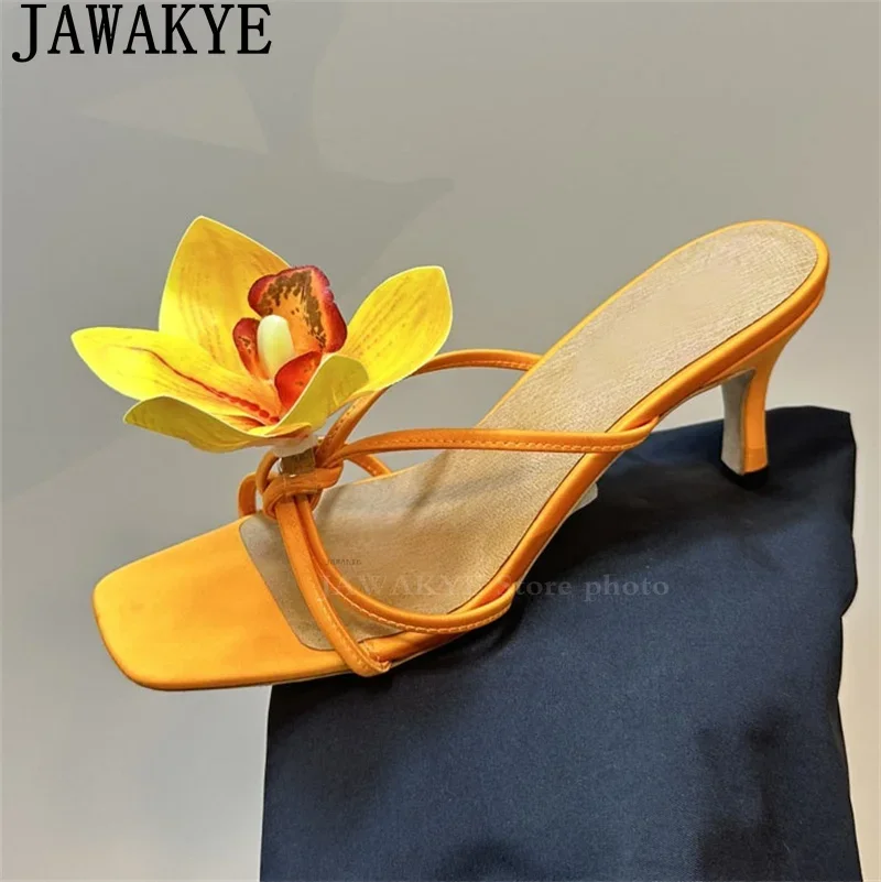 JAWAKYE Flower Middle Heel Slippers for Women Open Toe Sandals Summer Party Banquet Shoes Bohemian Holiday Dress Shoes