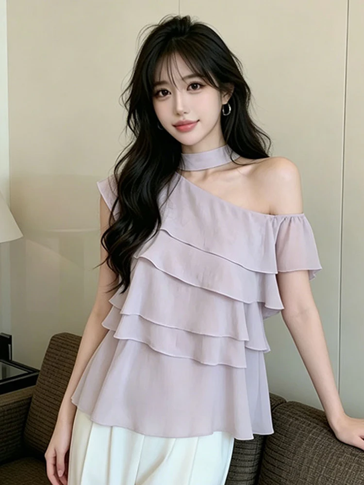 

French Style Pure Desire off Shoulder Multi Layer Ruffle Hem Chiffon Top Sexy Shoulder Slimming Top Irregular Slope R...
