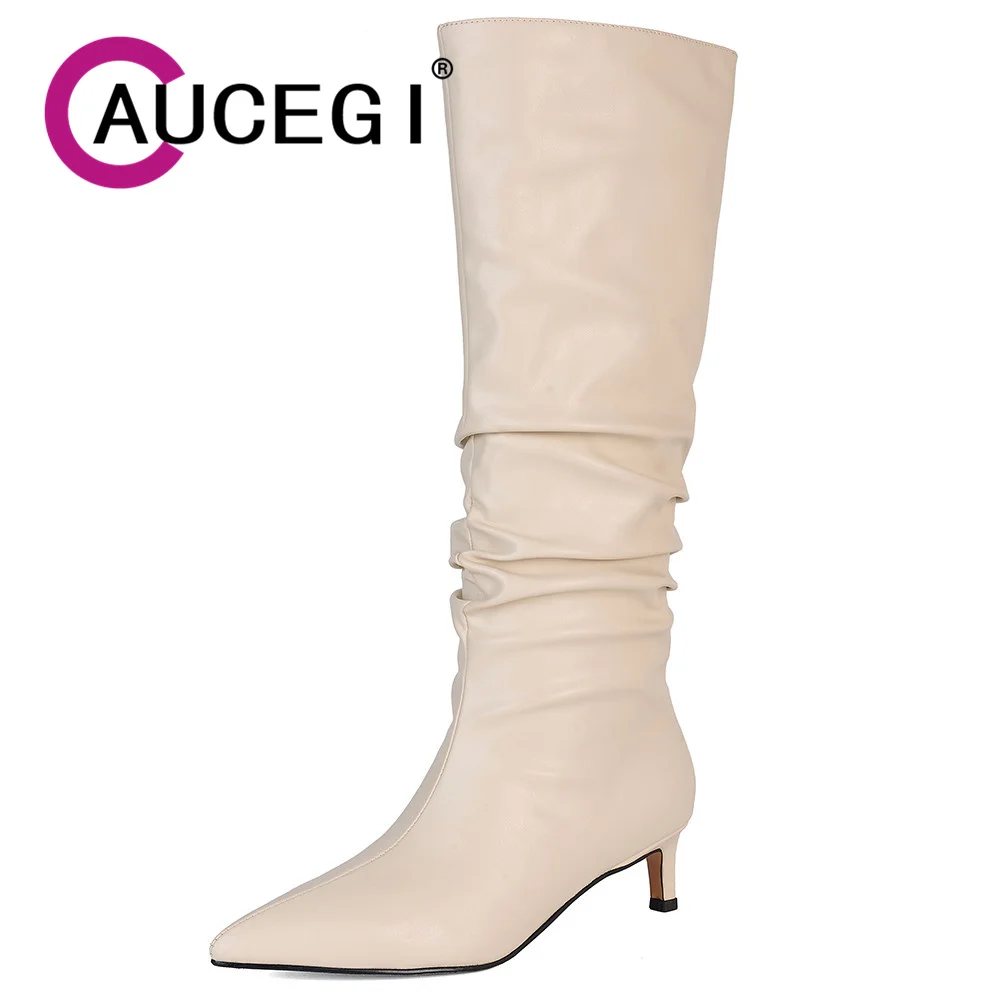 

Aucegi/Новый дизайн, плиссированные сапоги до колена из синтетической кожи с острым носком из микрофибры, современные пикантные вечерние танцевальные туфли на тонком каблуке