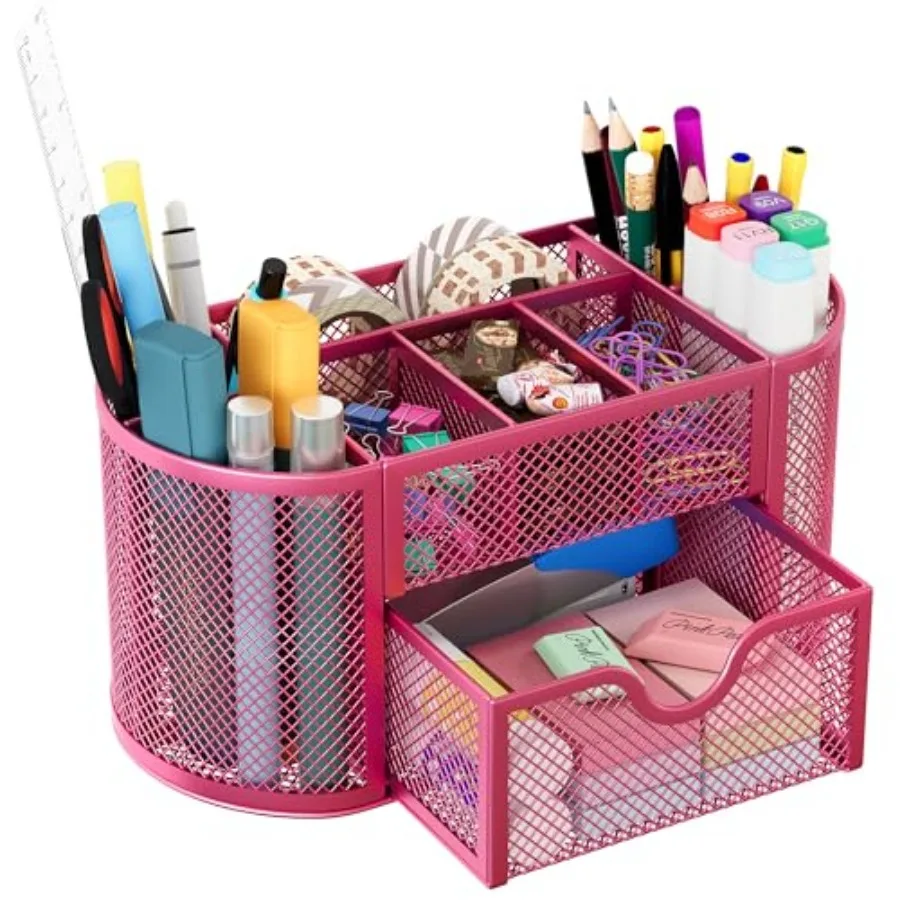 

Mesh Pen Holder Desk Organizer with Drawer Stationery Supplies Organizer for Dorm School 9 Compartments Workspace Desk Accessor