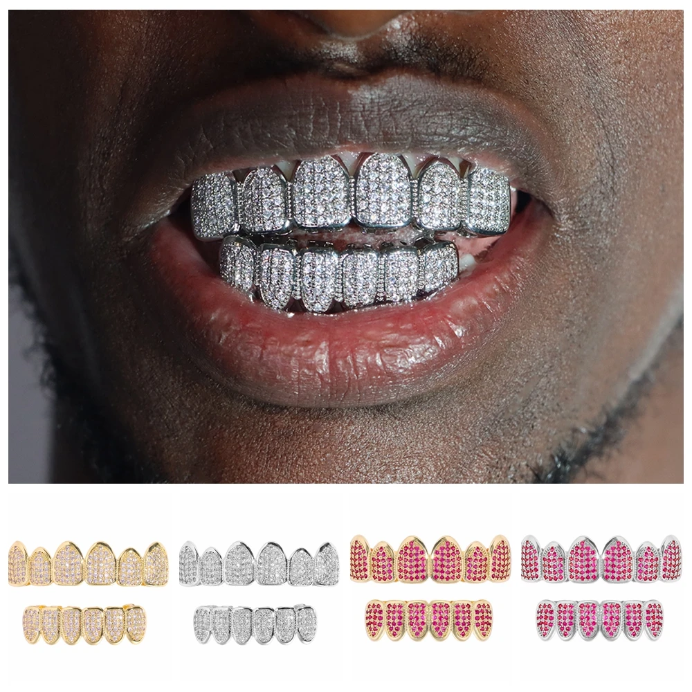 Hip Hop Cubic Zirconia Teeth Grillz Set Gold Silver Color Teeth Grills Iced Out Top&Bottom Dental Grills Cosplay Party Jewelry