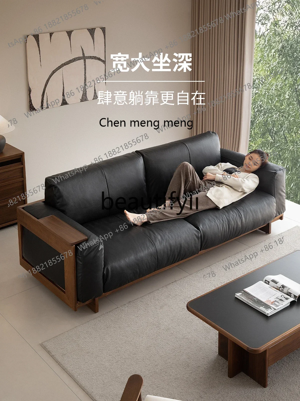 

178cqy Leather sofa black first layer cowhide living room solid wood medieval small apartment simple new walnut