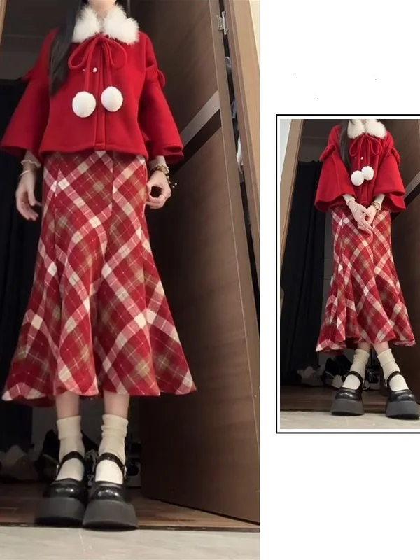 

Red Woolen Coat And Fi Tail Skirt Set for Women Cisas New Year Celebration Two Piece Suit Autumn Winter Plaid Outfit