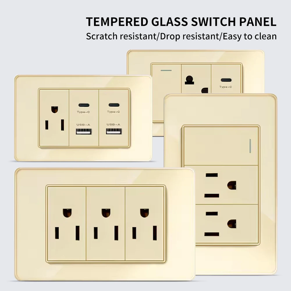 

Socket Plug with Dual USB Type-C Ports,Light Switch 110V 118*75mm Tempered Glass US Wall Socket Thai USB