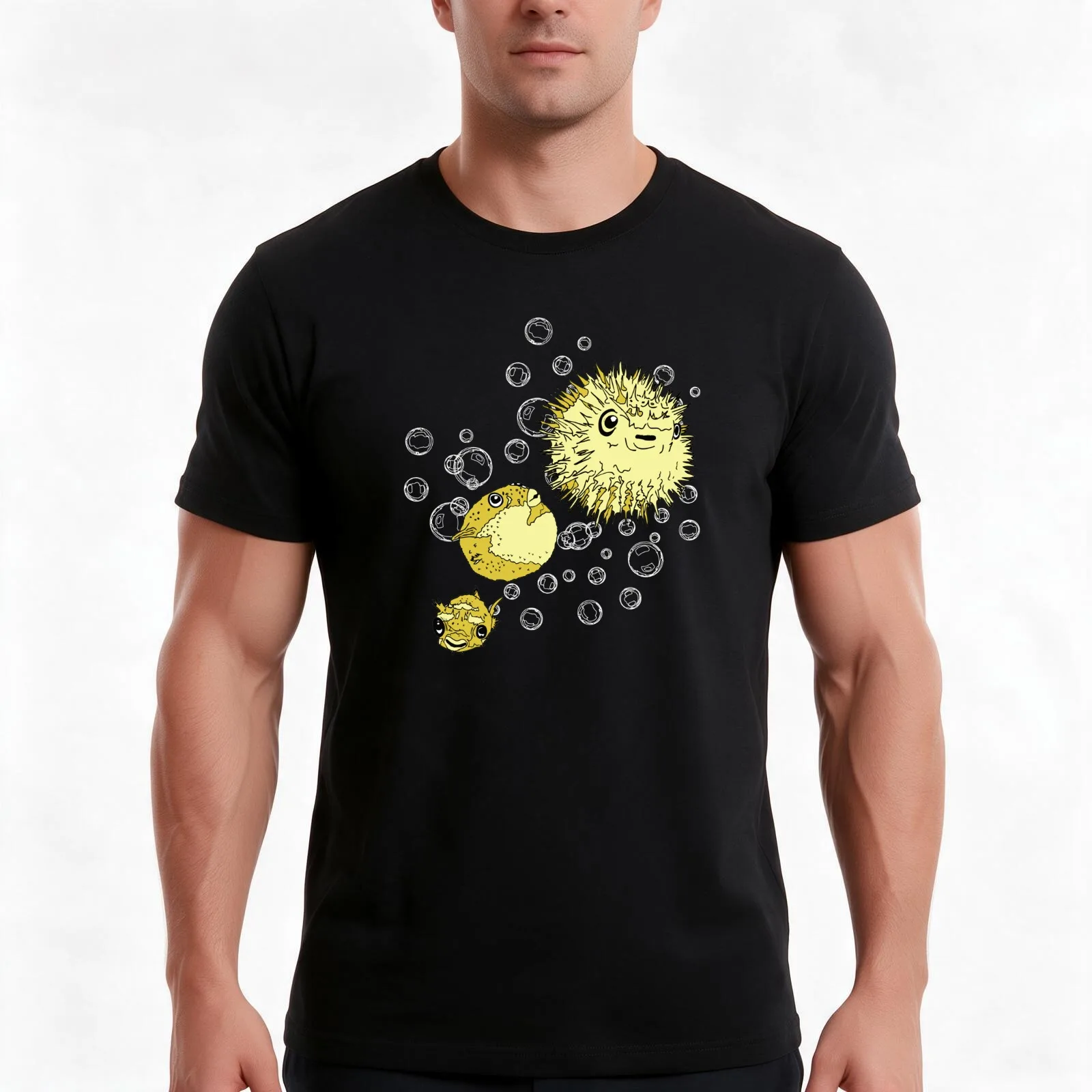 Puffer Fish Power T-Shirt, Summer Casual Cotton Tee, Oversized Streetwear Tops, Vintage Graphic Print, Loose Fit Short Sleeve