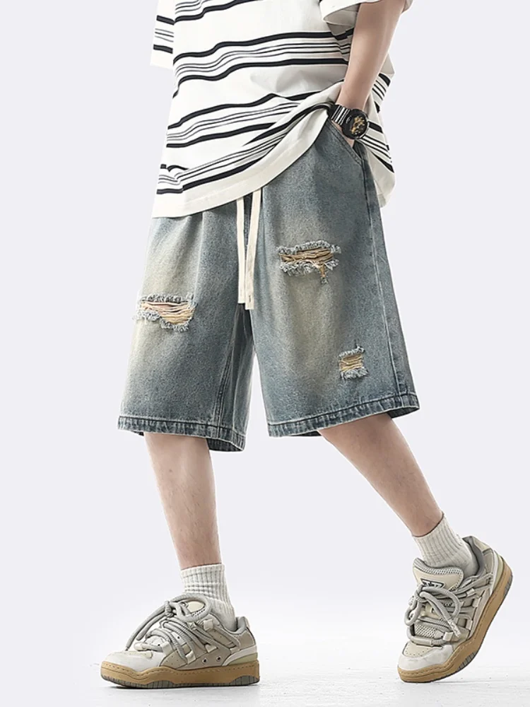 

Ripped Denim Shorts Men Summer Thin New Hanging Wide Leg Five-Point American Retro Style Worn-look Jeans Casual Loose Fit