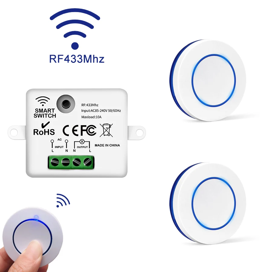 Mini Light Switch Round Wireless Panel Switch Remote Control  RF 433Mhz 10A Relay Receiver Module Transmitter For Bedroom