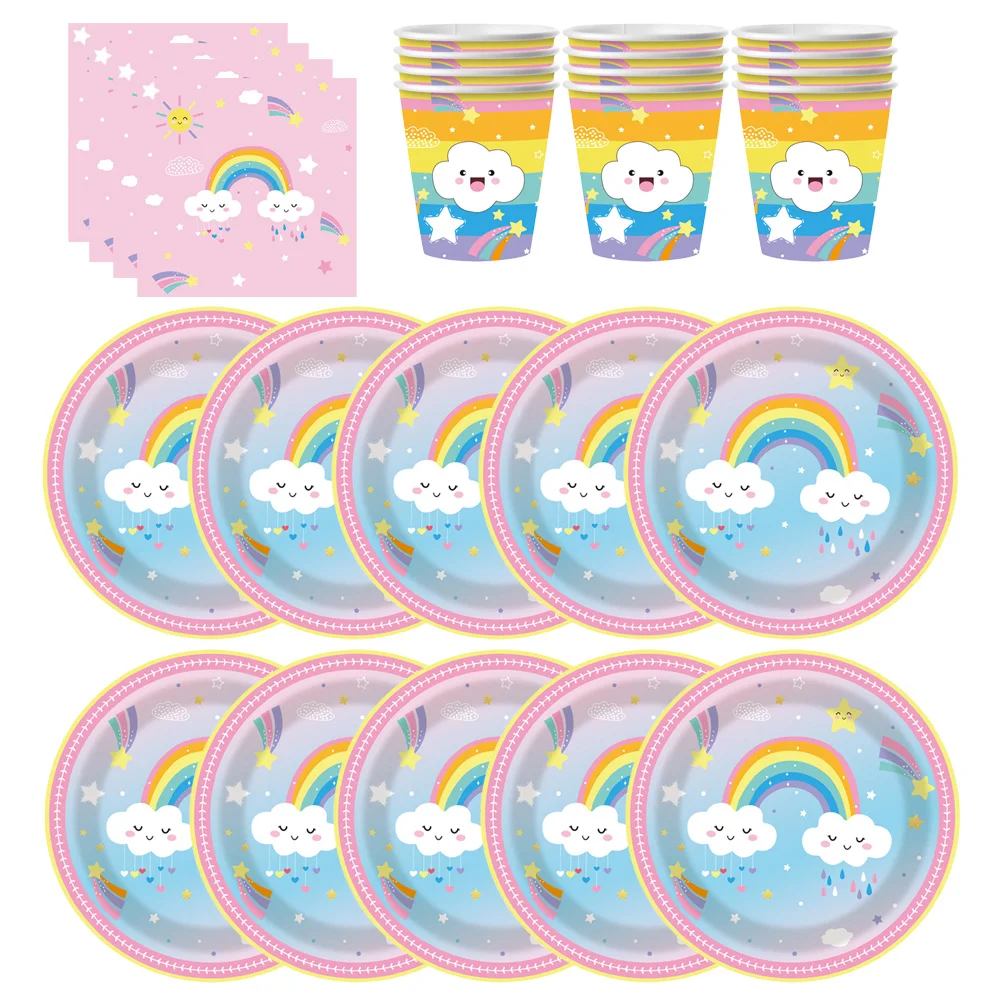 Rainbow Birthday  Decor Disposable Tableware Set Baby Rainbow Plate Cups Napkin Pink Cloud Happy Girls Princess Party Suppllies