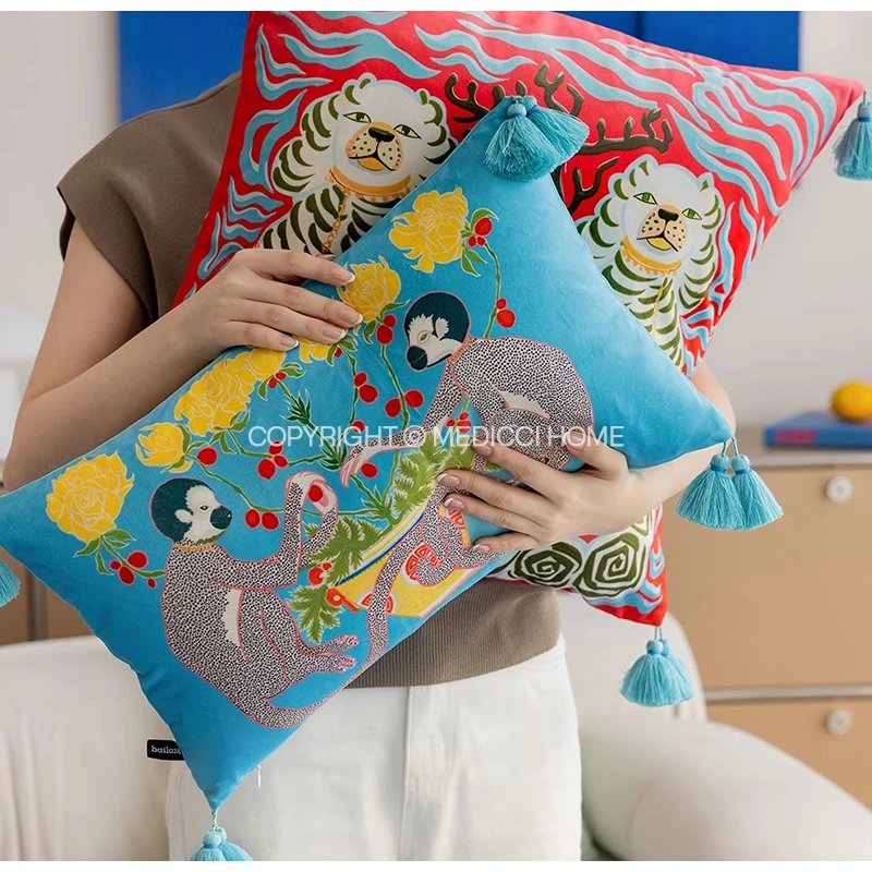 Medicci Home Grandmillennial Monkeys Blue Yellow Decorative Lumbar Pillow Cover With Tassels Chinoiserie Sofa Cushion Case 30x50