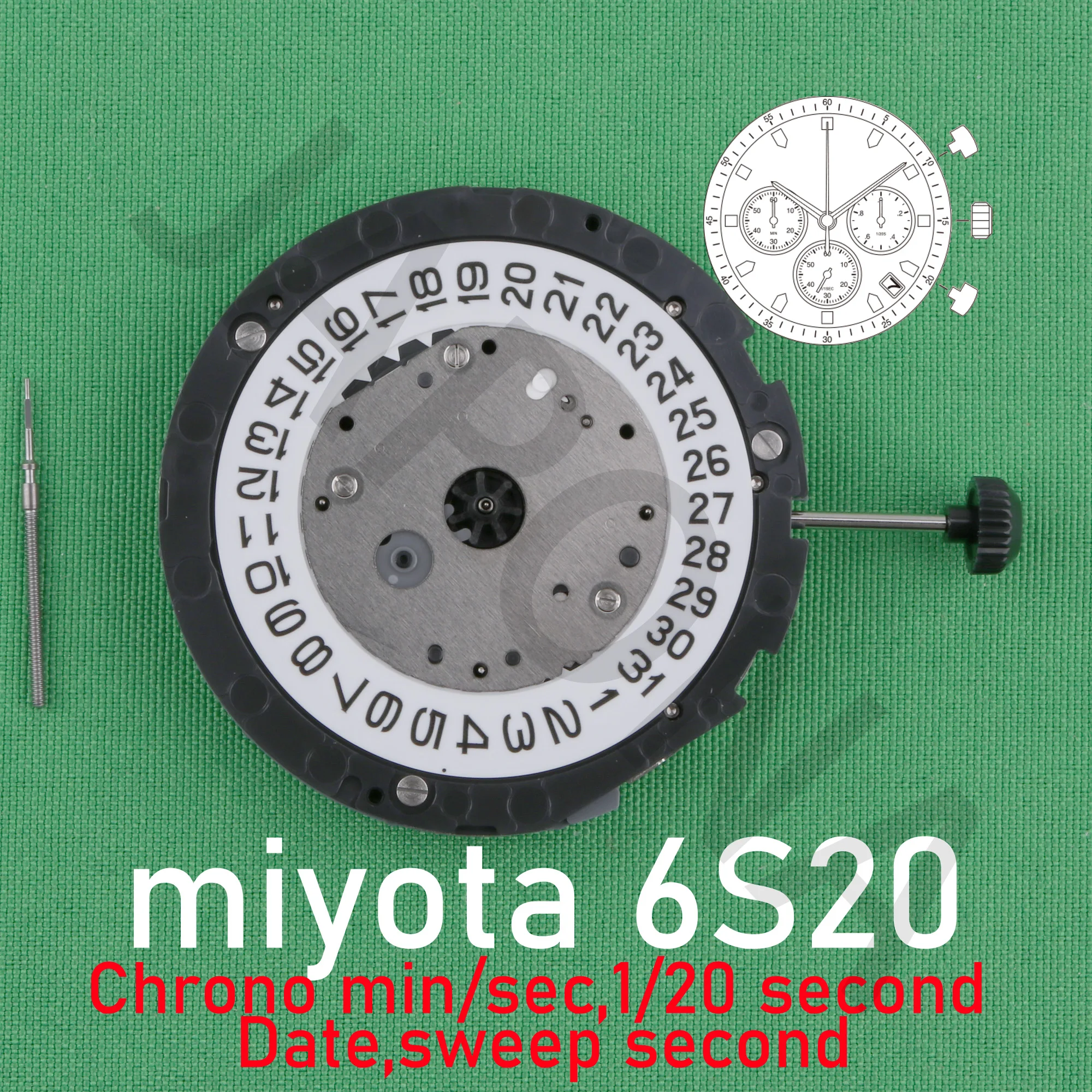 6S20 movement japan miyota 6s20 movement sweep second  Chrono min/sec, 1/20 second Date samll hands 3/6/9 6s2O