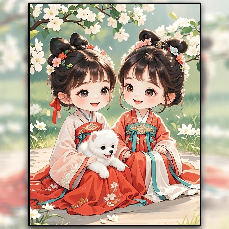 

Новый набор для вышивания крестиком 5D в старинном стиле 2026 года: милые девочка и маленькая собачка, алмазная мозаика ручной работы