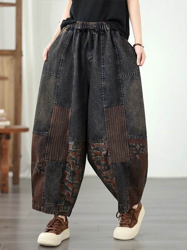 

Casual Loose Women's Jeans High Waist Thin Denim Cotton 90% Polyester 10% Vintage Patchwork Large Size Dad Pants