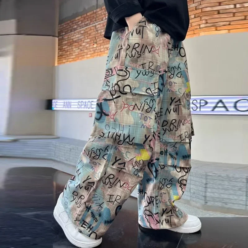 

Children Workwear Jeans 2025 New Spring Autumn Straight Pants Boys Wide Legs Handsome Trousers Teenager Letter Loose Pants