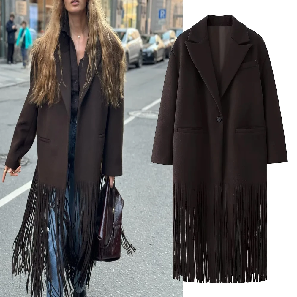 

Женское модное шерстяное пальто H1174 с воротником-кисточкой, универсальное, с длинными рукавами, средней длины, верхняя одежда для осени