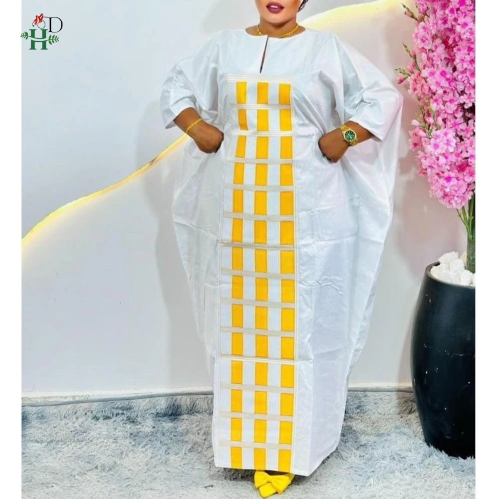

African Plus Size White Kaftan Dress Bazin Embroidery Muslim Robe Puff Sleeves Wedding Party Djellaba Church Gown Turkey Dress