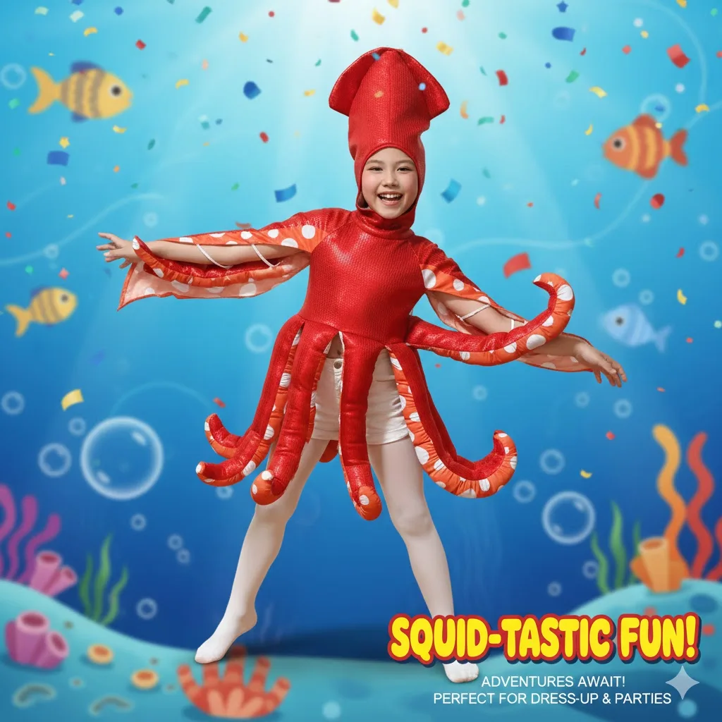 

Милый семейный комбинезон с изображением кальмара, детский костюм морского существа, наряд для школьной вечеринки на Хэллоуин, одинаковый комплект для детей