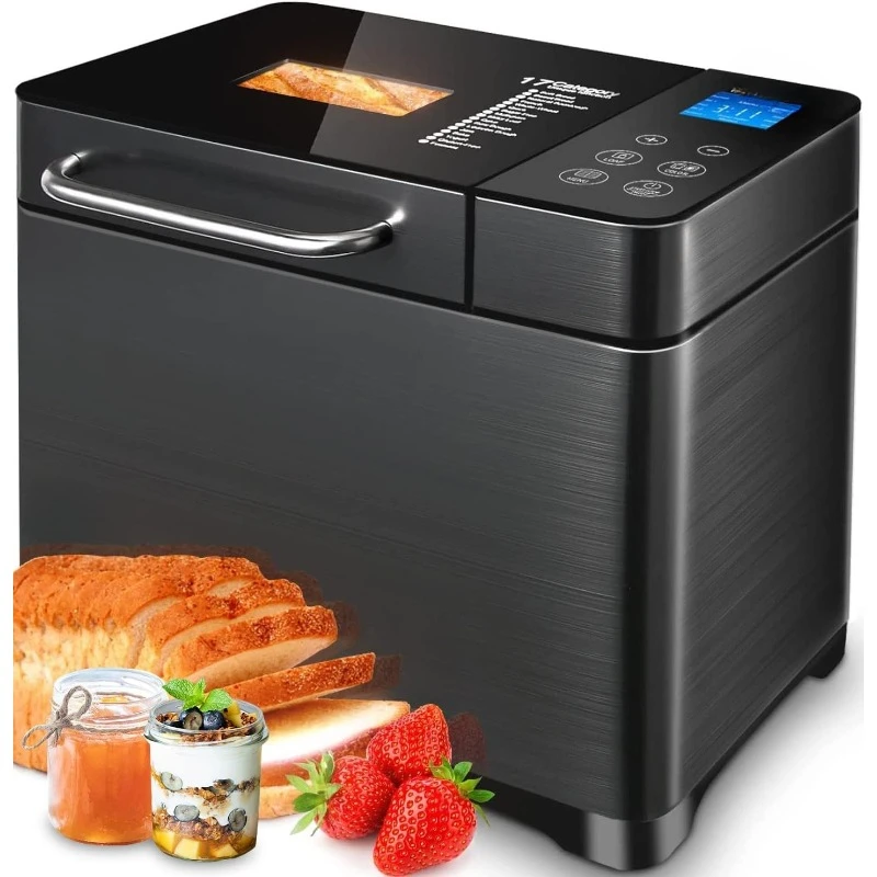 Dual Heaters, 17-in-1 Bread Machine Stainless Steel with Auto Nut Dispenser&Ceramic Pan, Gluten-Free, Dough Maker,Jam