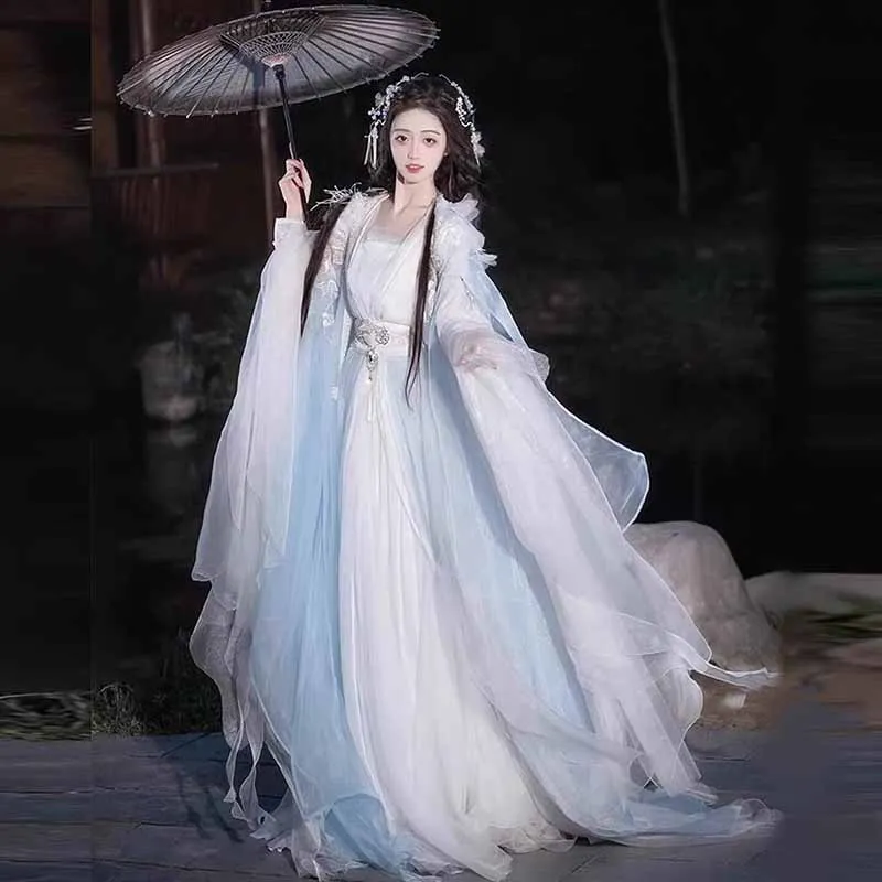 

Женское платье Ханьфу: Китайский традиционный костюм с вышивкой (белый и синий), для карнавала, косплея, вечеринок, в стиле династии Тан