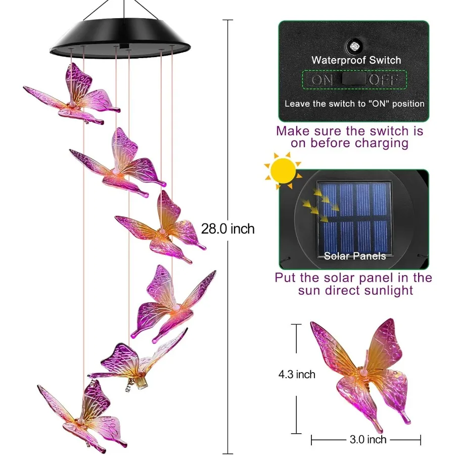 Purple Butterfly Solar Wind Chimes Color Changing Lights Outdoor Best Gifts for Mom Grandma Women Wife Aunt Sister Unique Mobil
