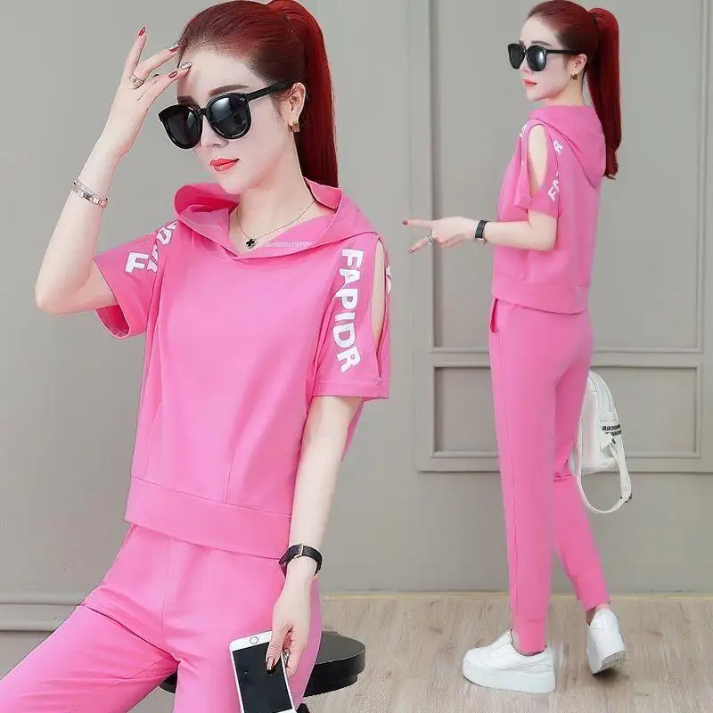 

2026 Summer New Casual Fashion Short Sleeve Sportswear Set Women's Hoodie Pants Two-Piece Set Polyester Loose Fit Summer Outfit