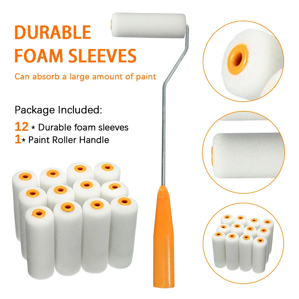 13pcs/set 100mm Mini Roller Paint Coating Small Edge Roller Brush Sponge Head +Handles Polyester Paint Roller Kit Reusable