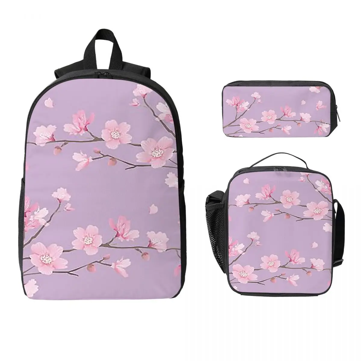 Cherry Blossom Flower Plant Pastel Purple Backpack BookBag School Bag Laptop Shoulder Bags 3ps Insulated Lunch Bag Pencil Case