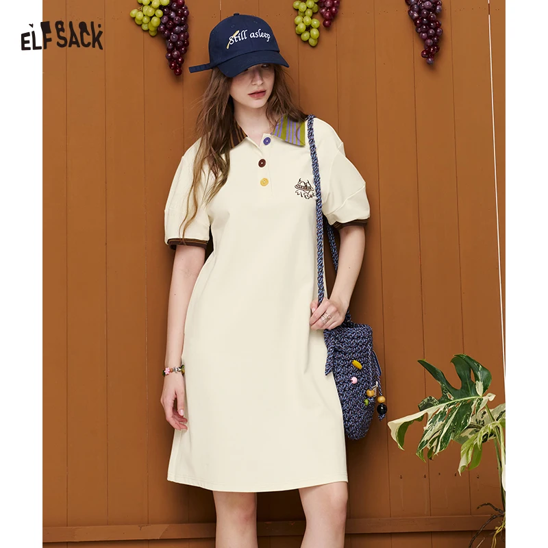 

ELFSACK Contrast Collar Polo Dress, Short Sleeve Embroidered Logo T-Shirt Dress, Casual Preppy Summer Dress