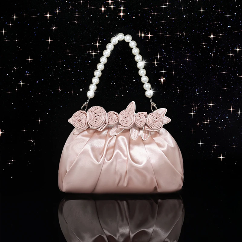 Advanced Ynthetic Pearl Top-Handle Women Silk Flowers Bucket Bag Evening Purses and Clutches Formal Wedding Handbags