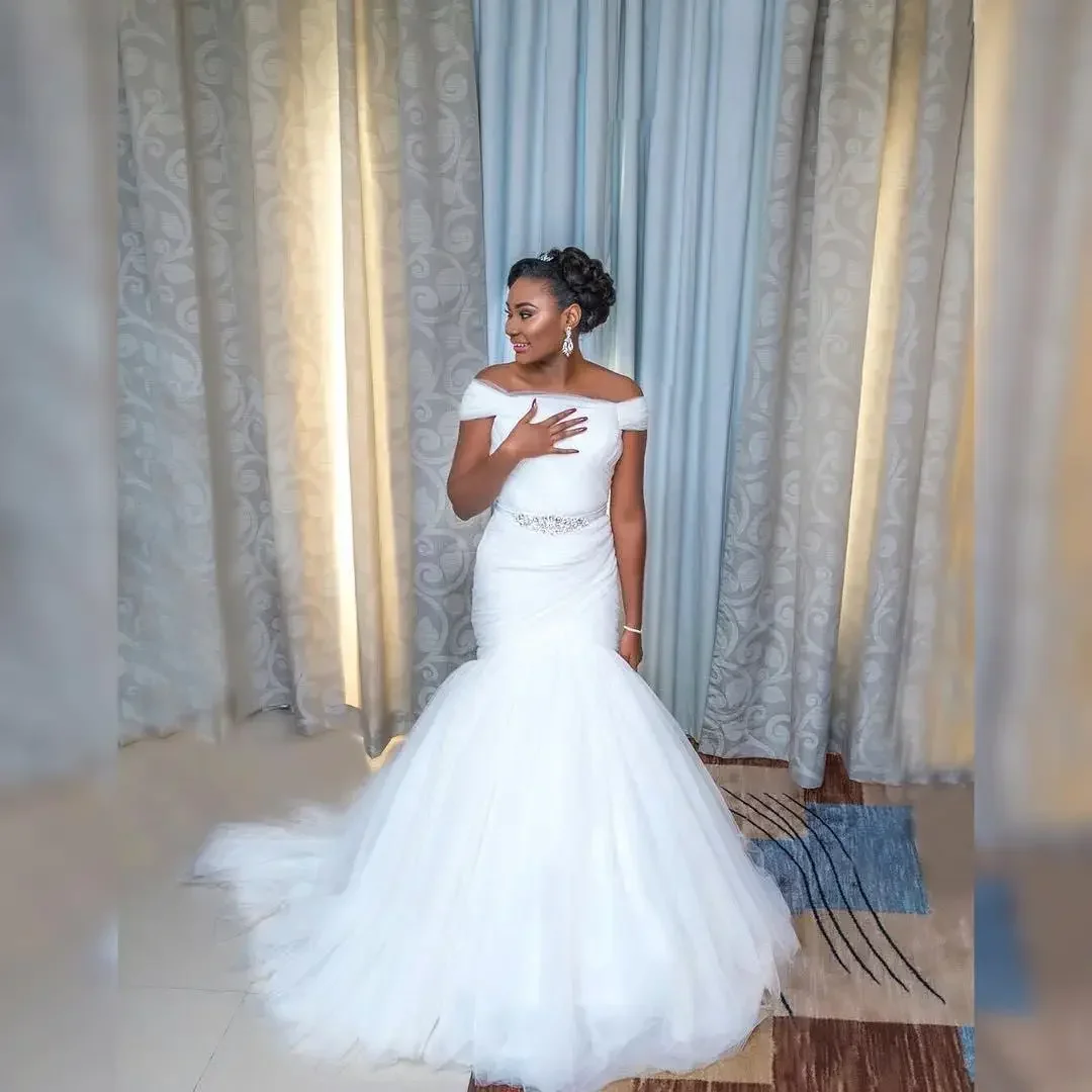 맞춤형 우아한 오프숄더 머메이드 롱 웨딩드레스 플러스 사이즈 레이스업 백 아프리칸 튤 브라이덜 가운 여성용