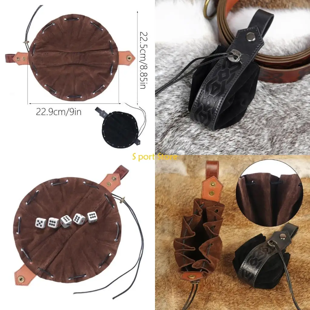 

U2JB Vintage Drawstring Bag PU Leather Waist Pack Medieval Dices Bag Halloween Coin Purse for Cosplay Party