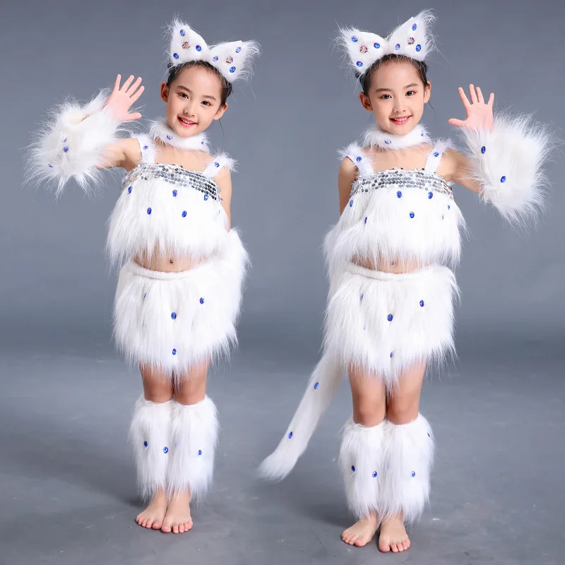 

4Colors White Cat Cosplay For Girls Halloween Costumes Animal Dance Costumes For Children Performance Show Role Play Party