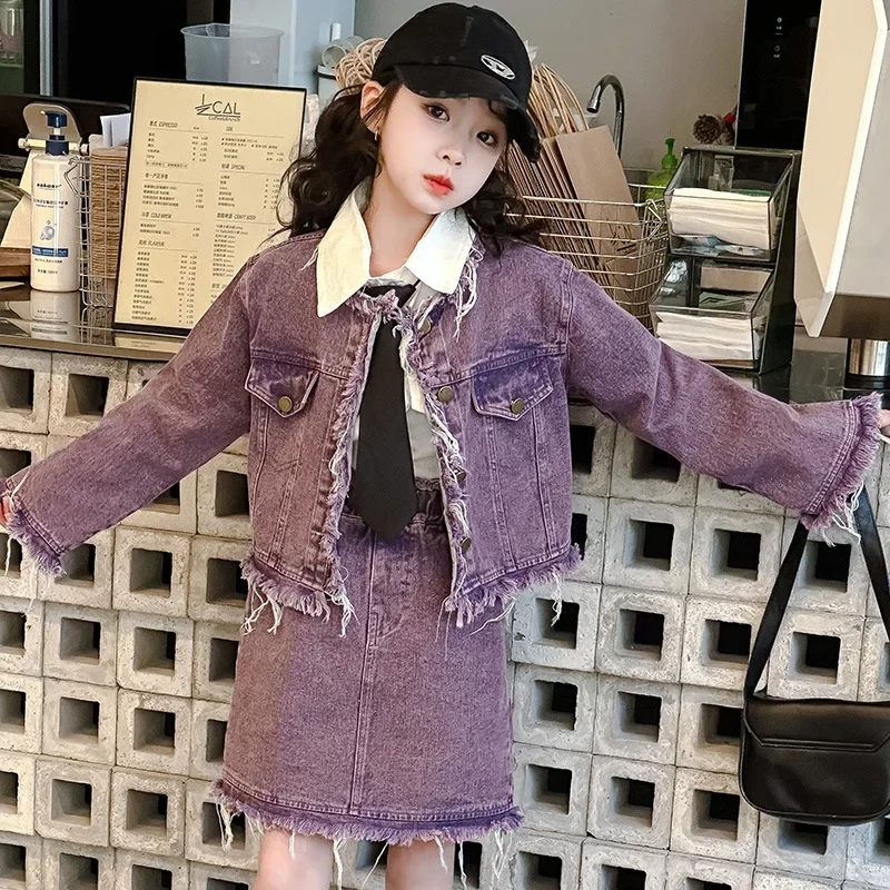 Children's Fleece Denim Set Skirt Korean Style Fashionable Spring 2024 Girl's Fashionable Student Coat Short Skirt Two Piece Set