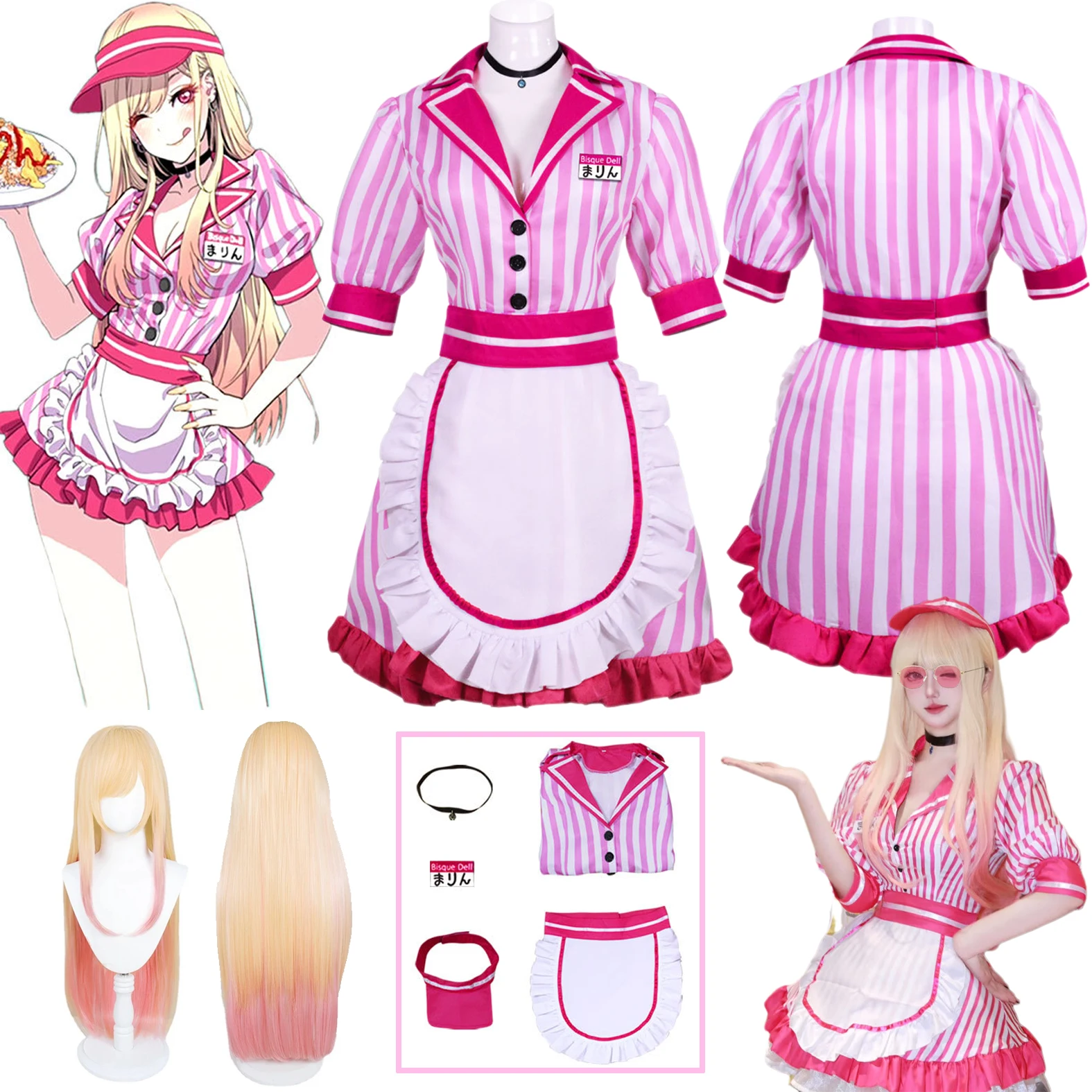 

Marin Kitagawa Cosplay Costume Wig Pink Waitress Sweet Maid Dress Anime My Dress-Up Darling Halloween Party for Women Girls