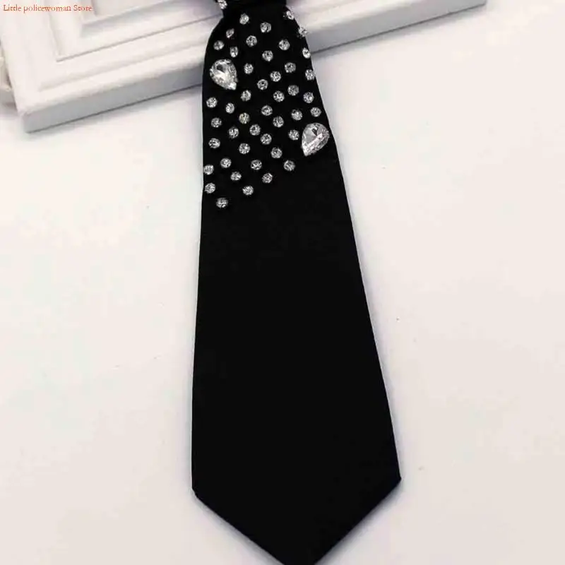 F92D Punk Fashion Tie Black Neck Band مع أحجار الراين المزينة طالب مدرسة موحدة مسبقًا مرتبطة بالرقبة القابلة للتعديل