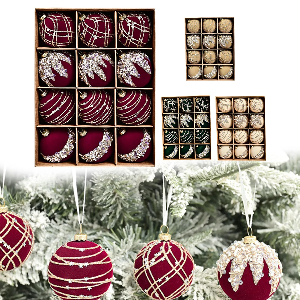 Breathtaking Holiday Additions Beautifully Crafted 6CM Flocking Velvet Diamond Sequin Christmas Ball Set of 12