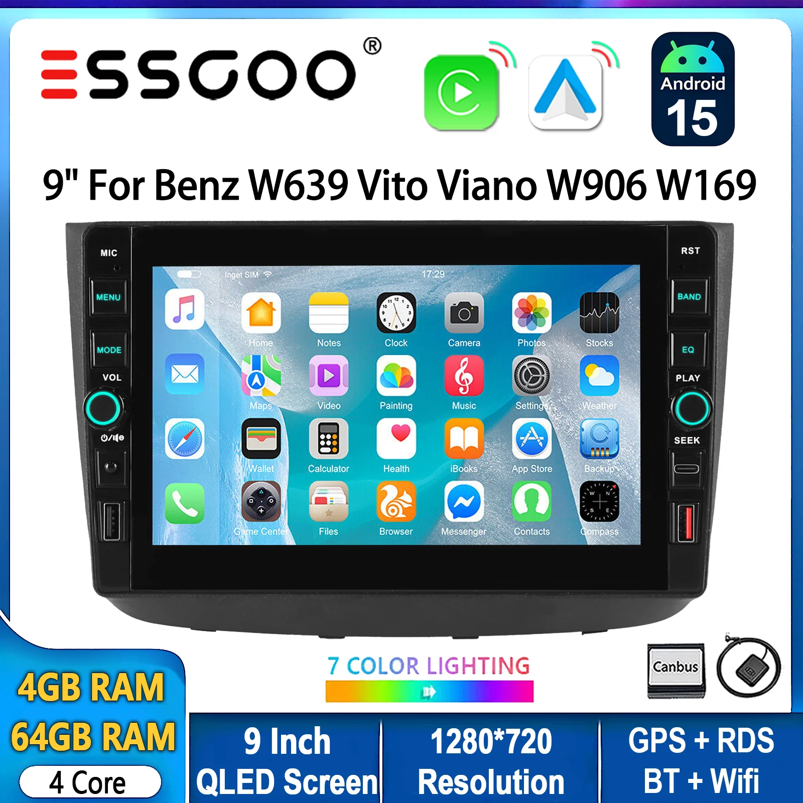 Autoradio ESSGOO Android 15 9 Pouces Écran QLED 4+64G pour Mercedes-Benz Viano/Vito 2 W639 2004-2014 CarPlay Sans Fil Android Auto Navigation GPS FM Bluetooth RDS Commande au Volant Lien Miroir