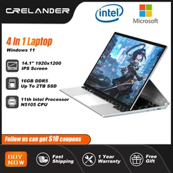 Crelander 4 en 1 ordinateur portable 14 pouces écran tactile Celeron n5105 16gb RAM Windows 11 Tablet ordinateur portable d'affaires pour les étudiants