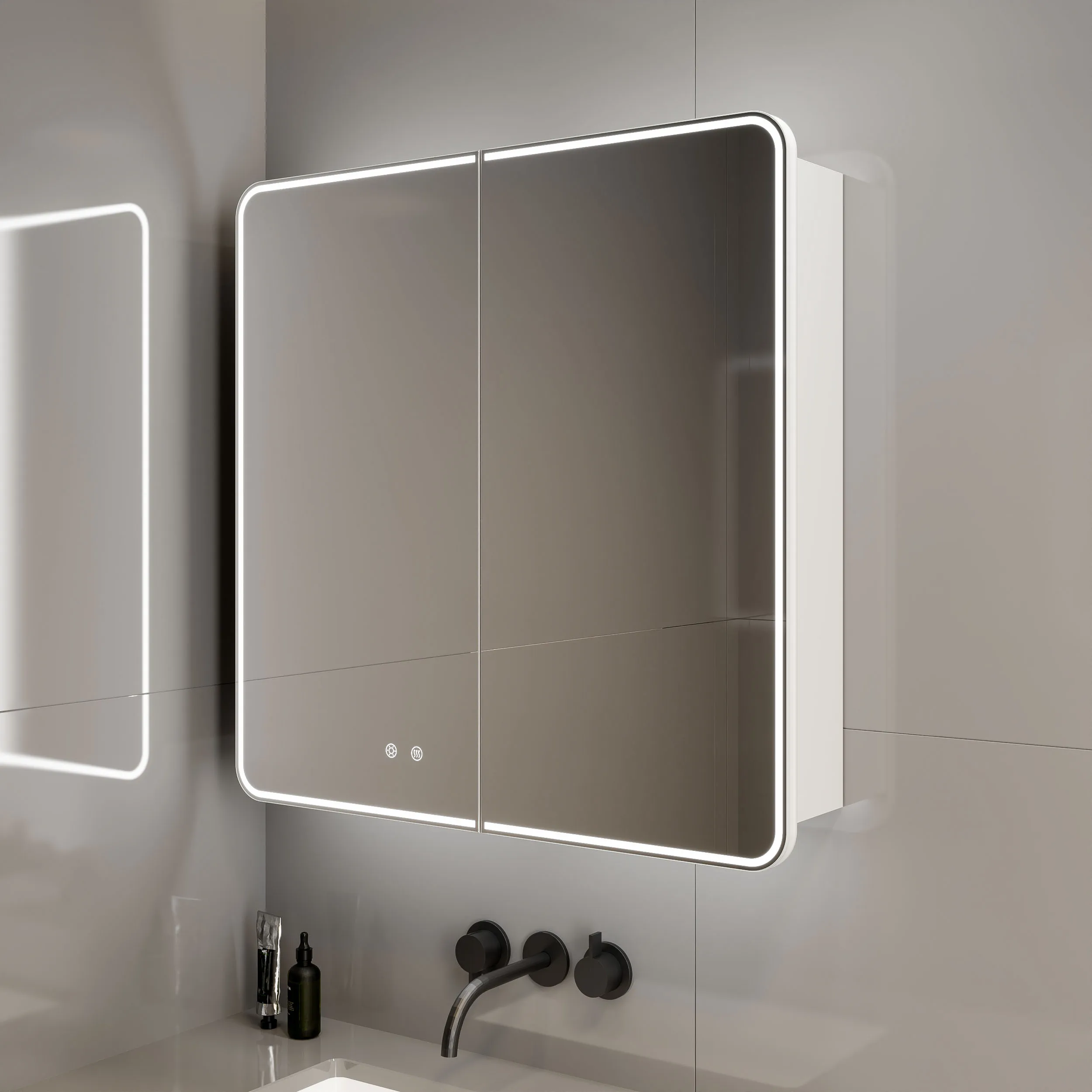 

Frontlit Anti-Fog 3 Colors Dimmable Custom Storage Manufacturers Medicine Toilet Led With Lights 2 Door Bathroom Mirror Cabinet