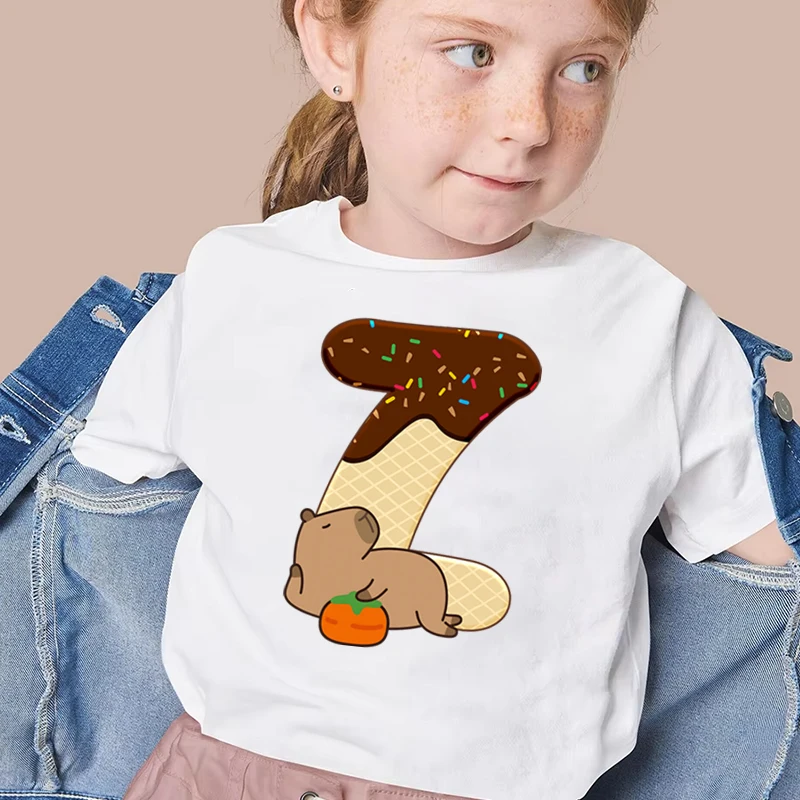 Girls Boys Capybara 26 Alphabet Tshirts Cartoon Capybara Letter A-Z Print T-Shirts Cotton Tee Short Sleeve Harajuku Y2K Tops