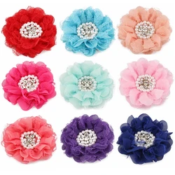 3PC 9cm Chiffon Petals Poppy Fabric Flower For Hair Clips Shabby Fabric Lace Flowers+Pearl/rhinestone gem ForHair Accessories