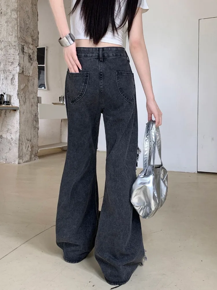 American Street Heavy Washed Jeans for Women 2024 Summer New Hole Hollow Out Straight Trousers Y2k E-Girl Loose Wide Leg Pants