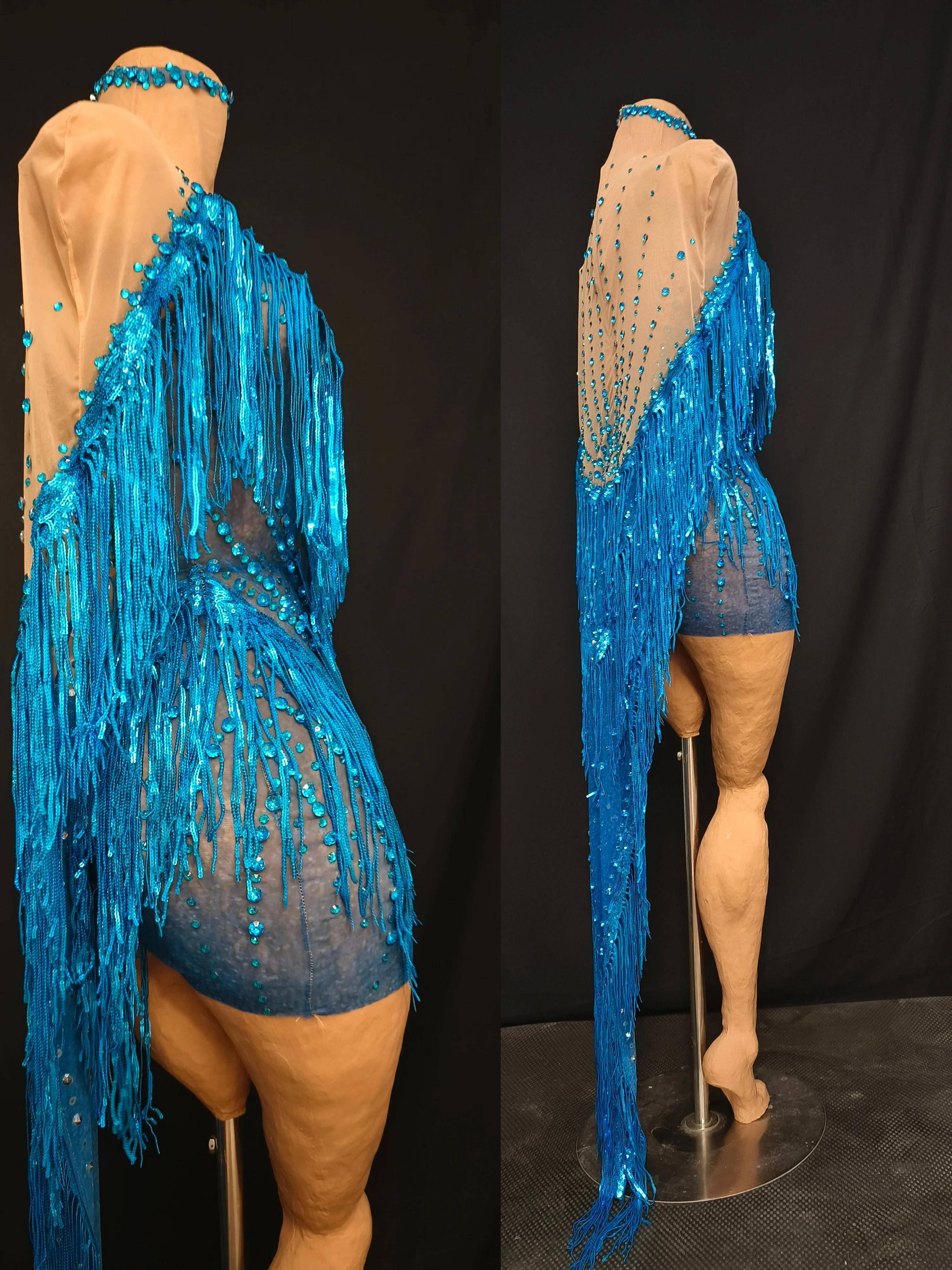 Vestido ajustado con borlas brillantes para mujer, traje de actuación con diseño de cuello en V de malla transparente, fiesta de baile, cantante, escenario, club nocturno