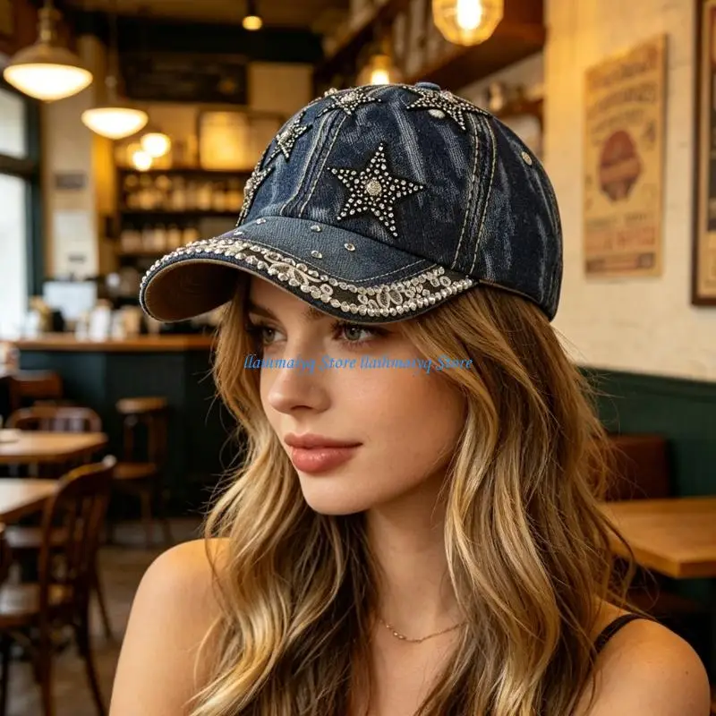 573B Eye Catching Faux Pearls And Rhinestones Embroidered Jeans Cap For Fashionable Outfits And Daily Use