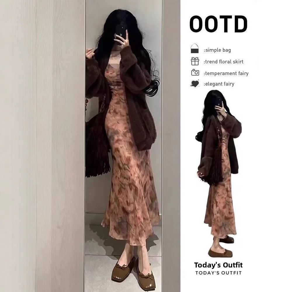 Floral Print Halter Dress Set Women's Inner Wear Long Skirt Early Autumn Tea Style Complete Set Sweet  Style Natural Waist