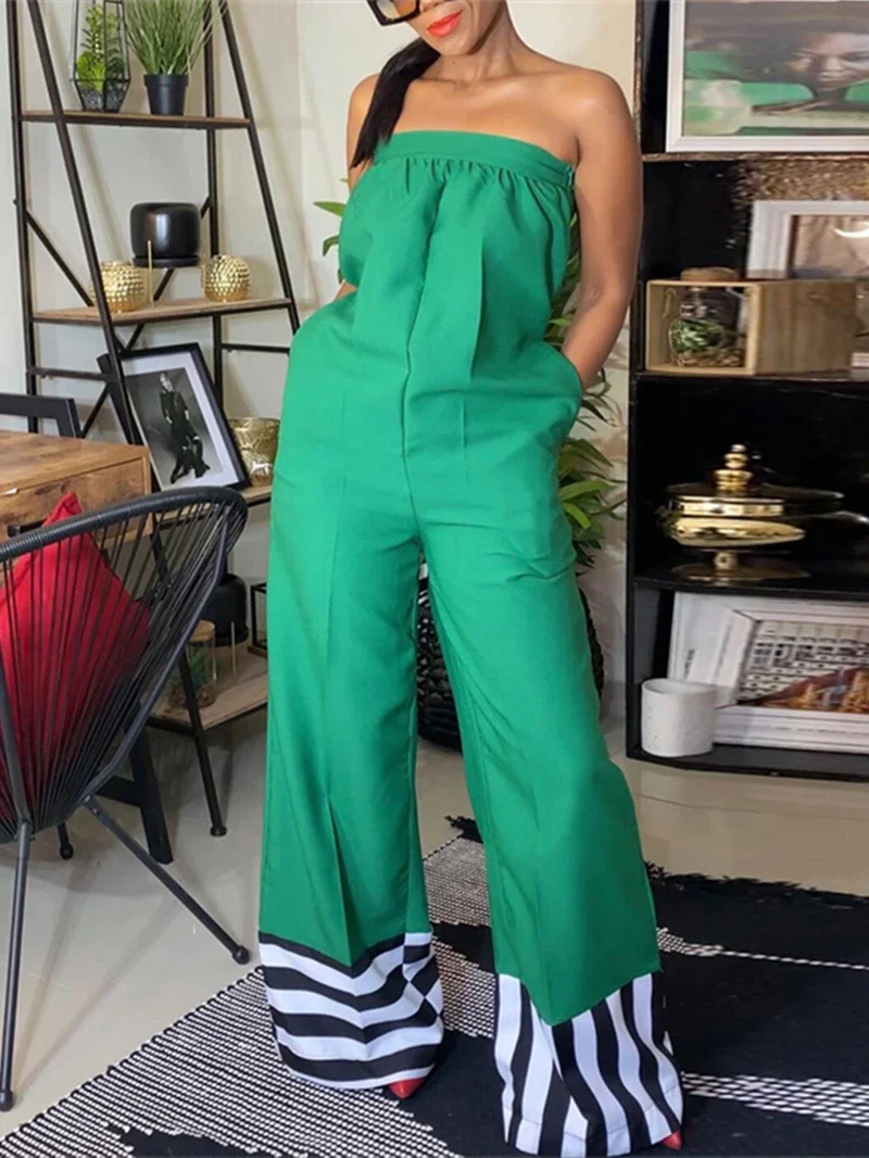 

Streetwear Strapless Jumpsuit Summer Clothes Women 2024 Striped Patchwork Wide Leg Pants Long Rompers One Pieces Overalls Outfit