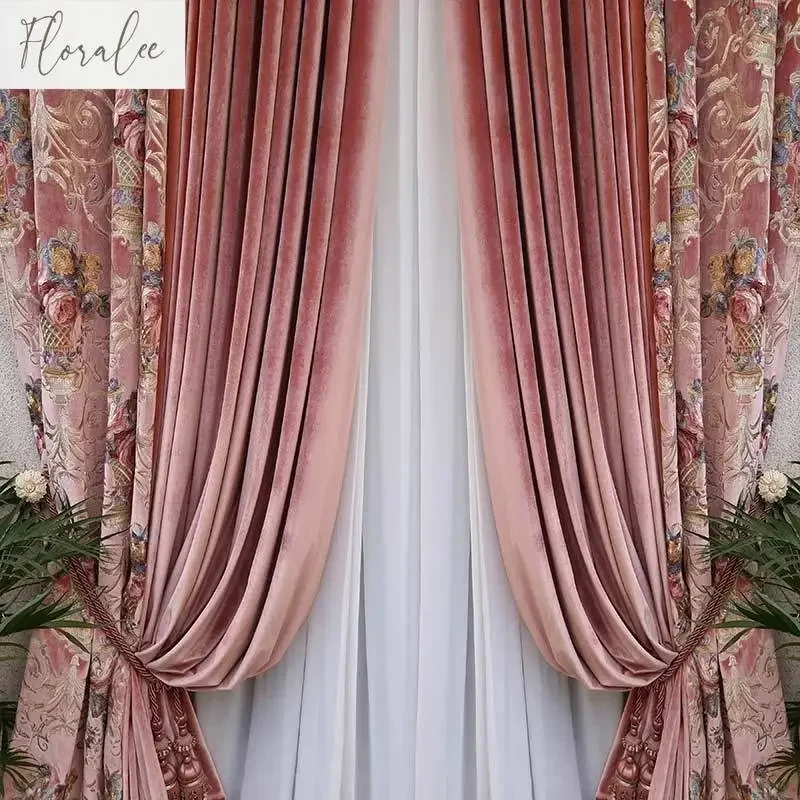 European Embroidery Pink Luxury Velvet Curtains for Living Dining Room Bedroom Rococo Thick Palace White Tulle Elegant Window